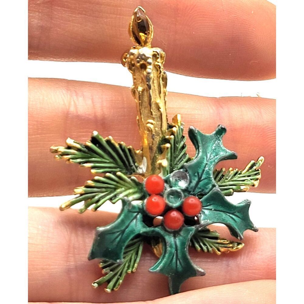 Vintage Christmas Candle Brooch Pin Enamel with Rhinestone Flame Signed Roma 2in